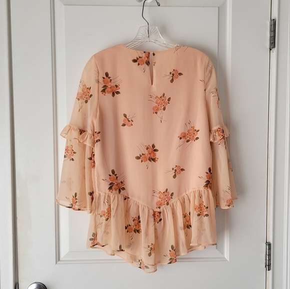 Peach Floral Chiffon Ruffle Blouse 3/4 Sleeve - Picture 7 of 9